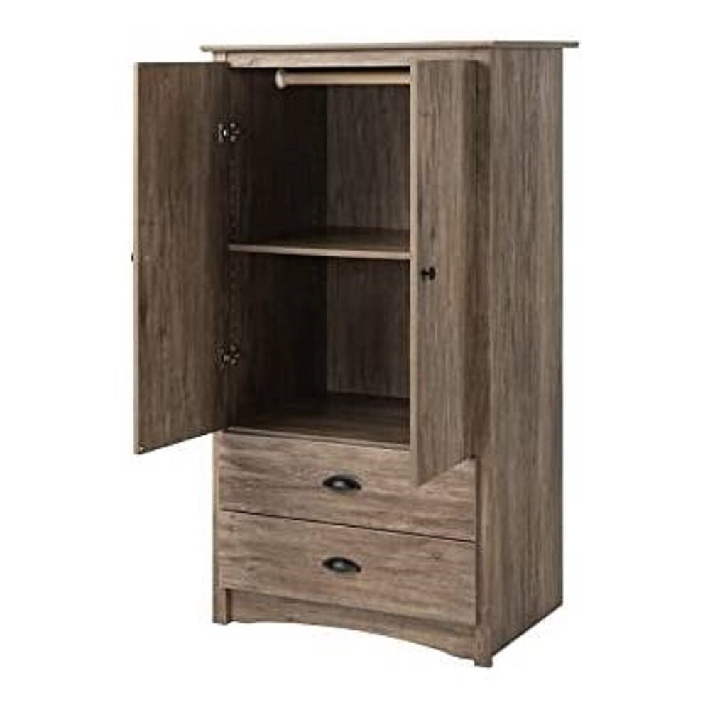 Rustic Grey Oak 2-Drawer Armoire Wardrobe Cabinet with Adjustable Shelves and Hanging Storage