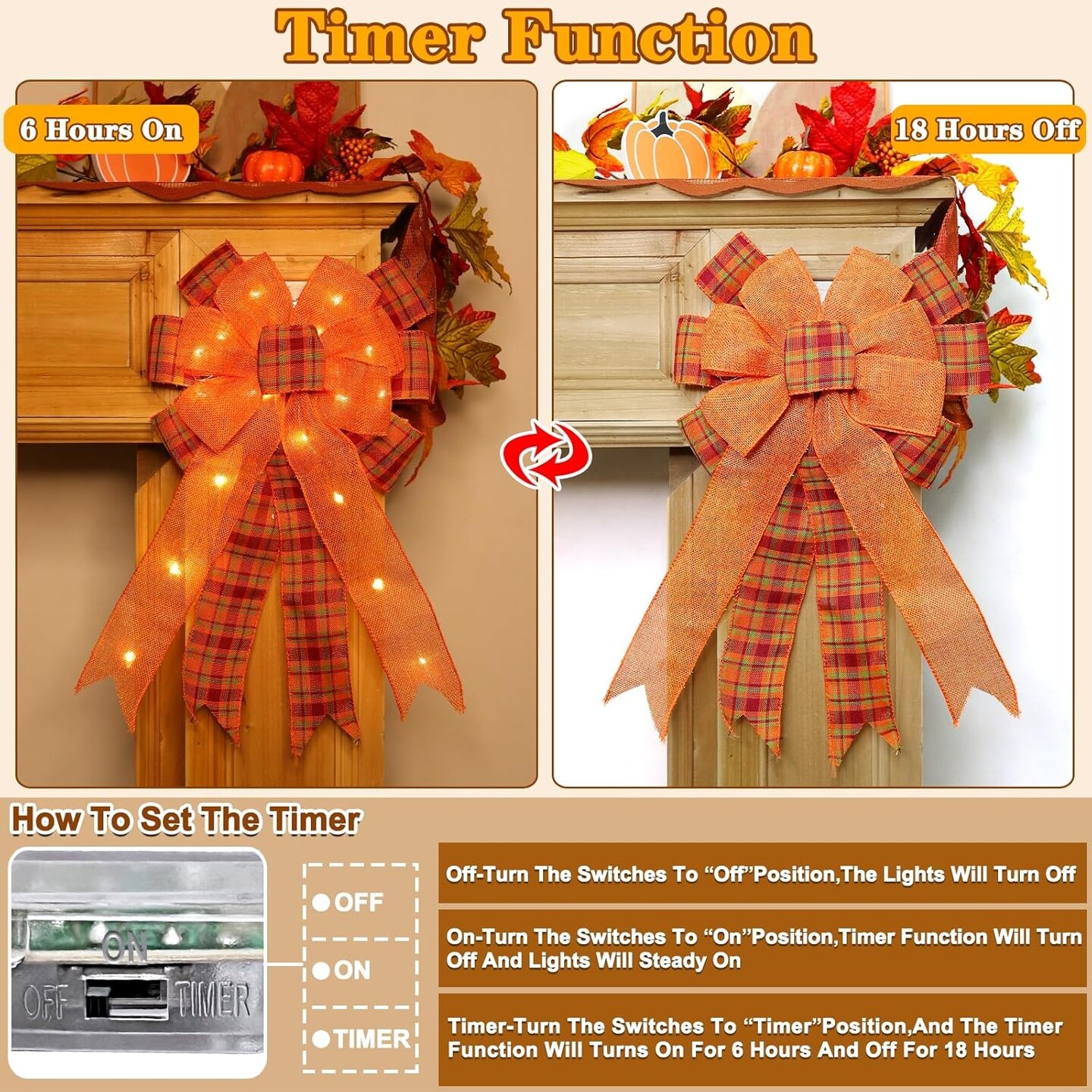 [ 2 Pack &#x26; Timer ] Prelit Fall Wreath Bows