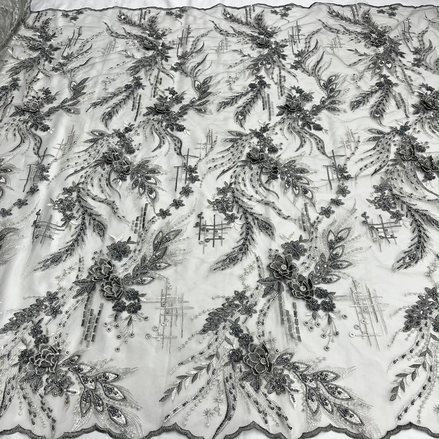 1 Yard Beaded Rhinestone 3D Floral Lace Fabric for Bridal Gowns Costumes Dresses 50" Width