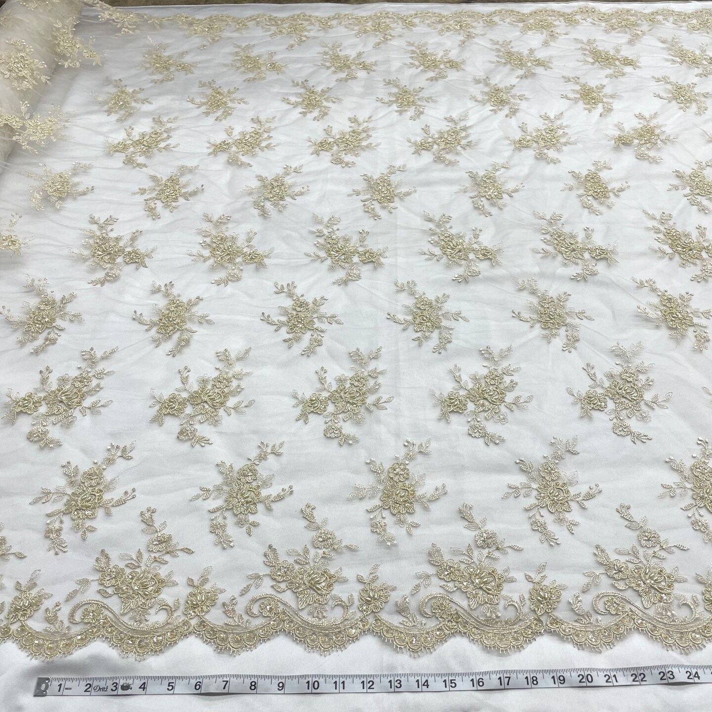 1 Yard Beaded Corded Bridal Lace Fabric Embroidered Mesh Champagne 54" Width