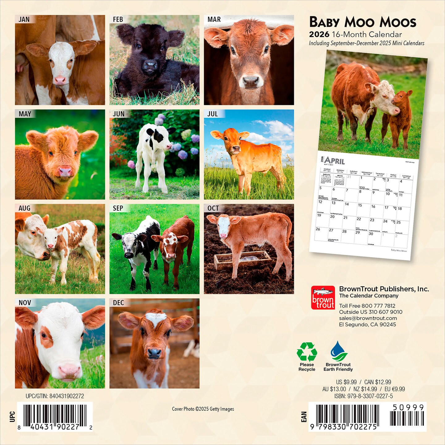 Baby Moo Moos | 2026 7 x 14 Inch (Hanging) Monthly Mini Wall Calendar