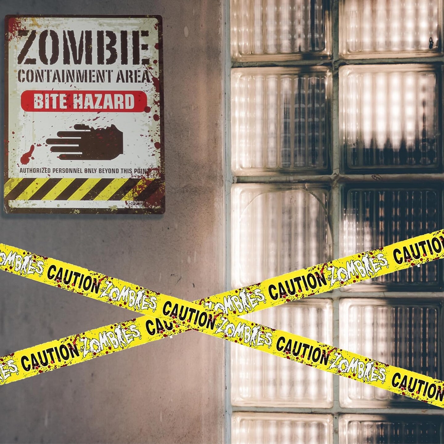 4E's Novelty Halloween Zombie Warning Signs with 20ft Caution Tape – 6 Pack 11x14 Creepy Posters for Indoor Outdoor Haunted House, Graveyard, Front Yard, Door, Wall, Garden, Balcony Party Decor