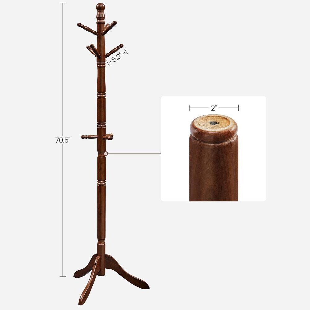 Adjustable Height Solid Wood Coat Rack Stand with 10 Hooks for Entryway Living Room and Office