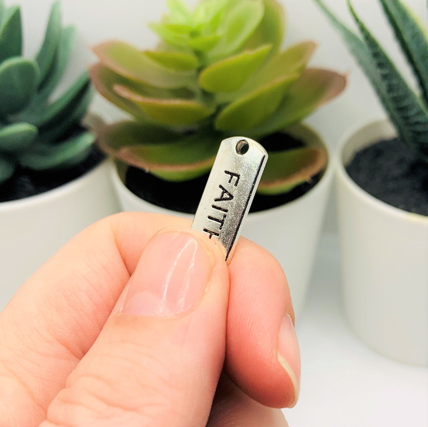 Silver Faith Word Bar Tag Charms, 8x21mm