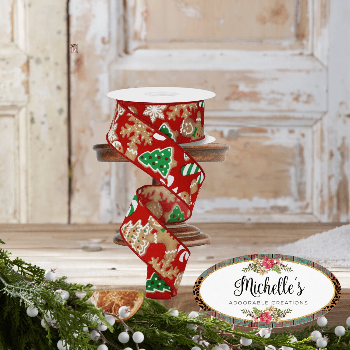 1.5&#x22; Gingerbread Cookies Ribbon: Red (10 Yards)