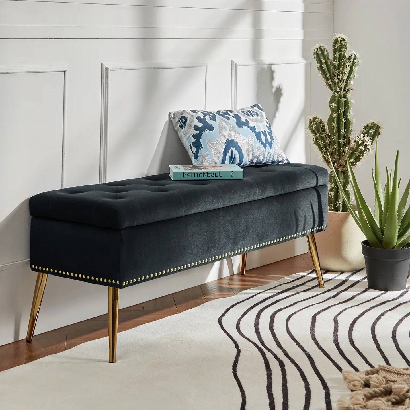Upholstered Velvet Storage Bench with Tufted Seat and Gold Metal Legs