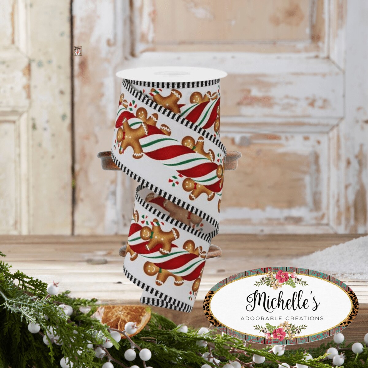 2.5&#x22; Gingerbread Kids Stripe Ribbon: White/Red (10 Yards)