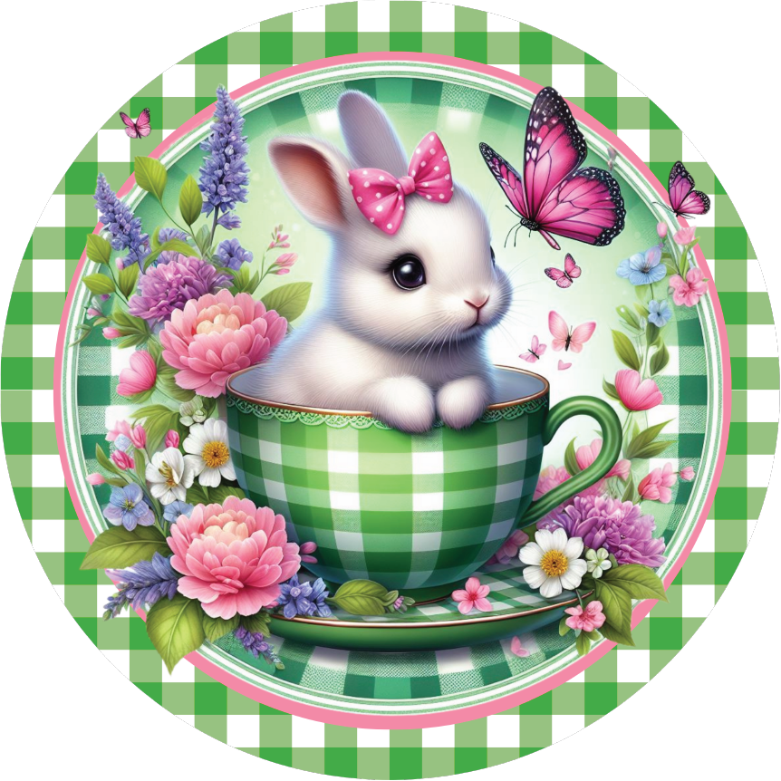 Green Check Easter Spring Bunny Teacup Sign