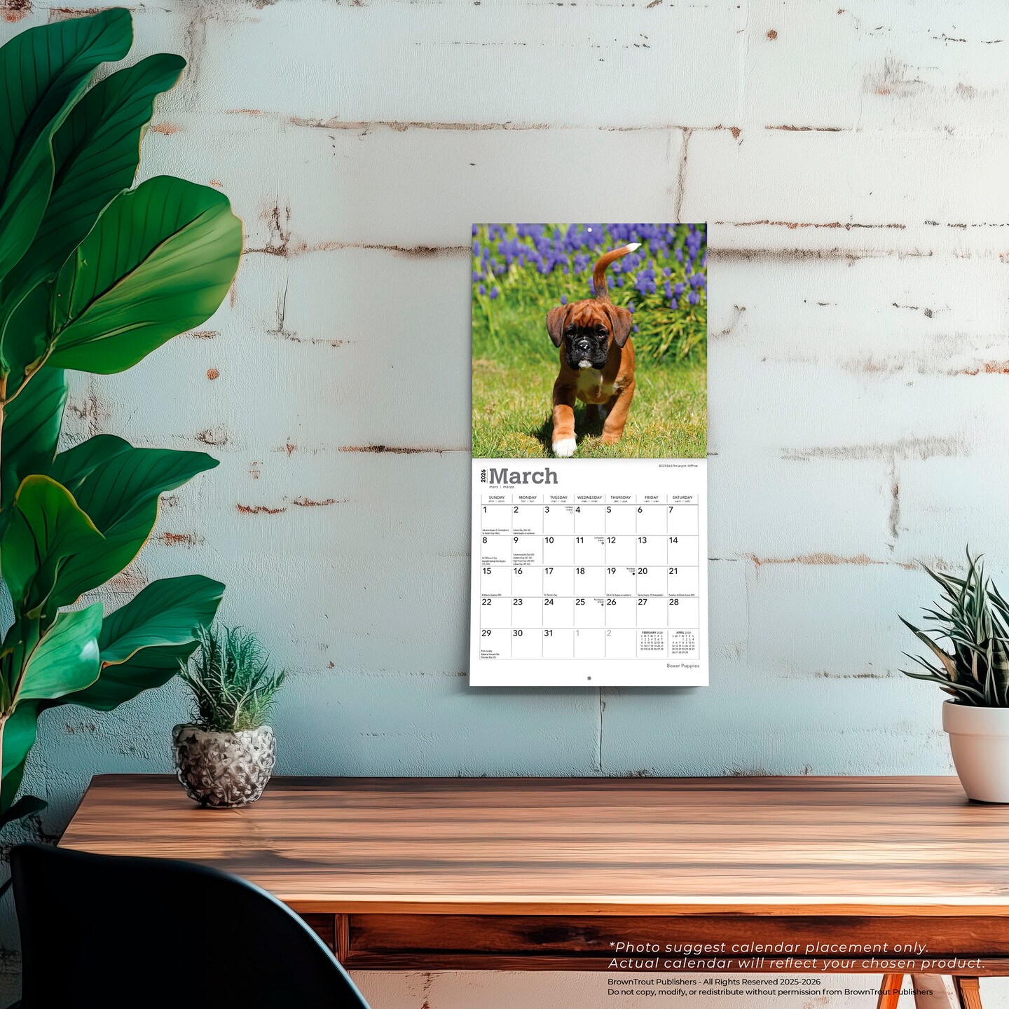 Boxer Puppies | 2026 7 x 14 Inch (Hanging) Monthly Mini Wall Calendar