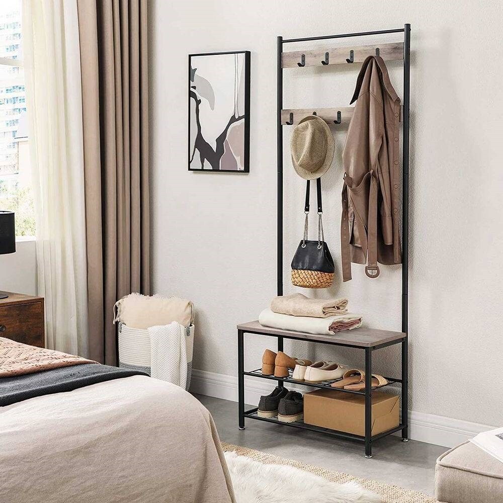 Greige Modern Entryway Coat Rack with Shoe Storage Bench 9 Hooks and Black Steel Frame