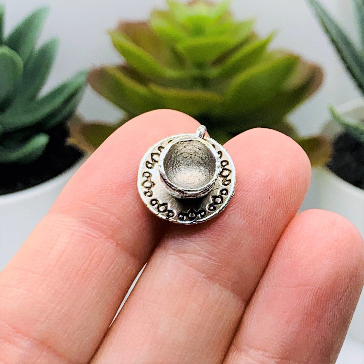 Silver Coffee Tea Cup and Saucer 3D Charms, 7x14mm