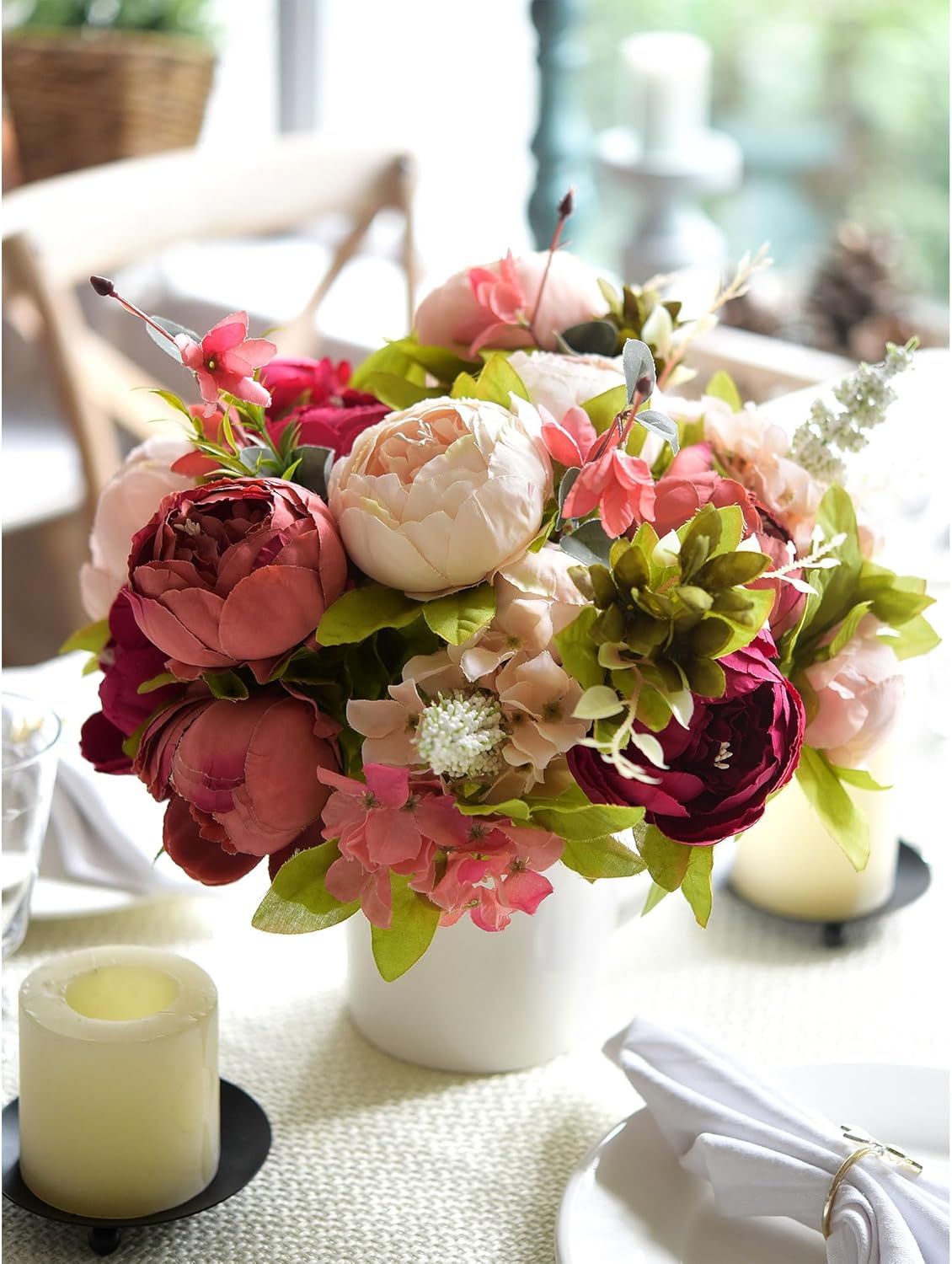 Pinkish Red and Dusty Pink Vintage Artificial Peonies Silk Flowers and Hydrangeas for Wedding Bridal