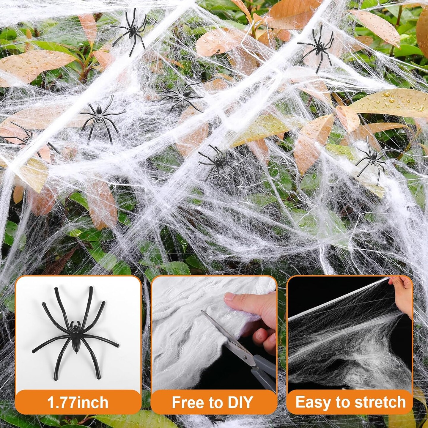200 sqft Halloween Spider Web with 10 Artificial Spiders – Fabric Cobweb Decoration for Indoor & Outdoor Party, Haunted House, Yard, and Halloween Supplies (White)