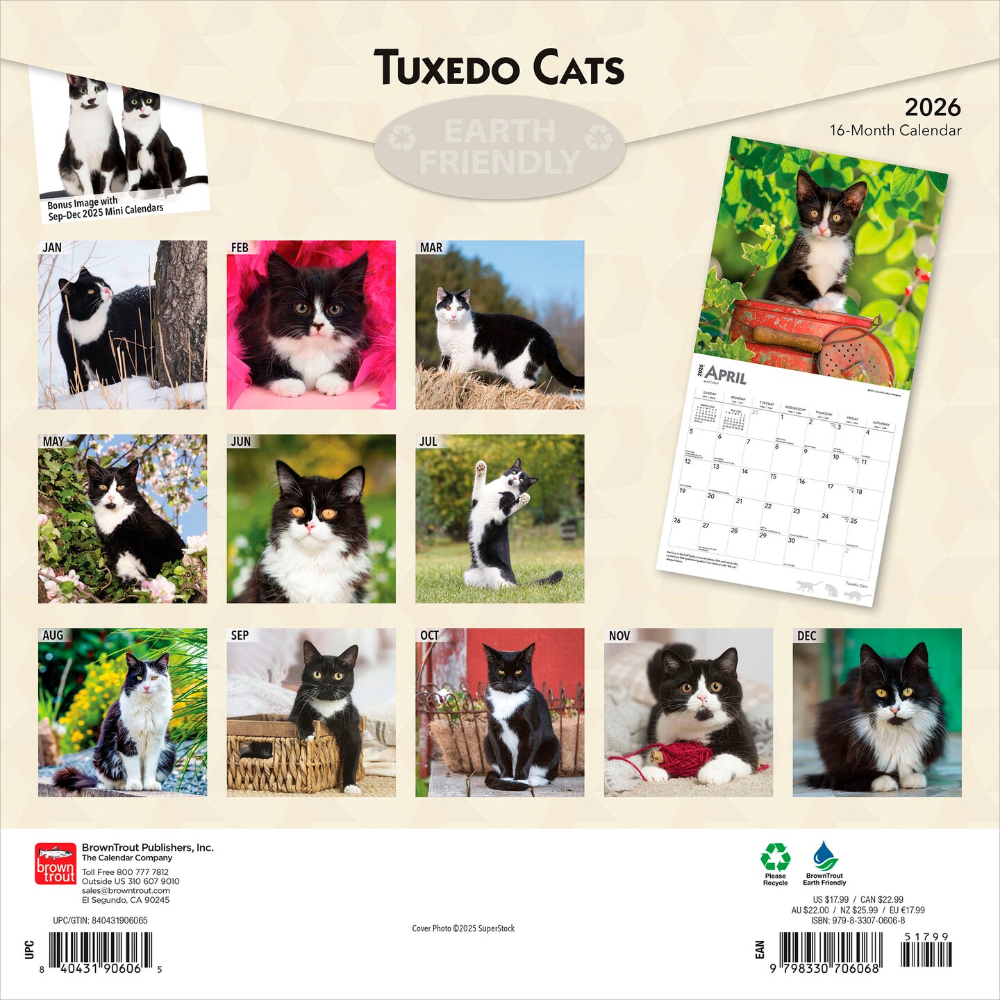 Tuxedo Cats | 2026 12 x 24 Inch (Hanging) Monthly Square Wall Calendar | Plastic-Free