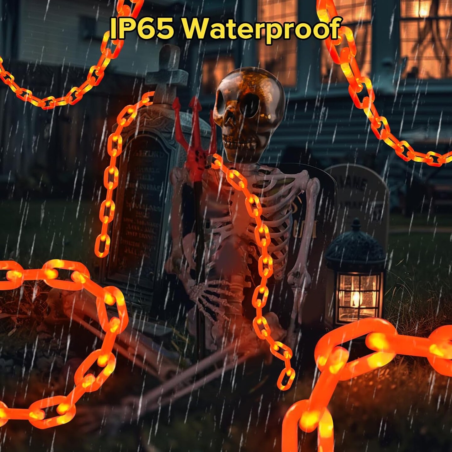 Battery-Powered Plastic Skull Chain Lights – 5FT, 45 LED Orange Halloween String Lights with 8 Modes (Orange)