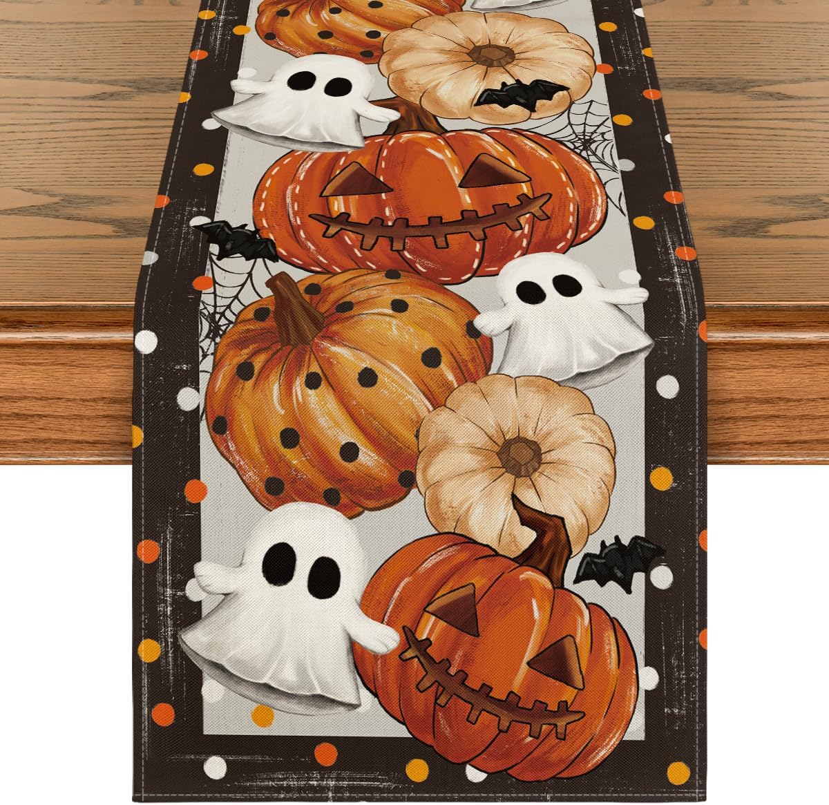 Jack-O&#x27;-Lantern Pumpkin Ghost Spider Web Halloween Table Runner - Black Beige