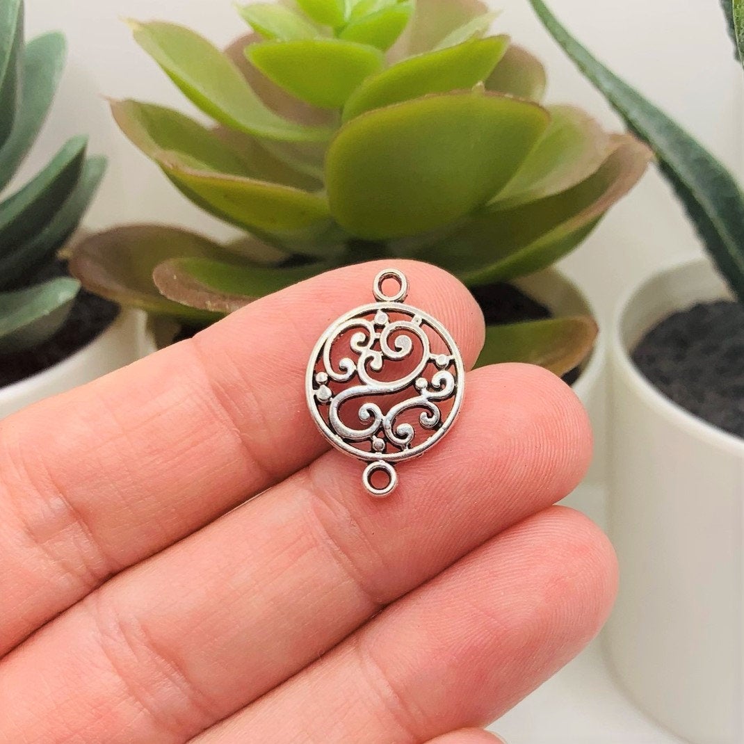 Silver Filigree Scroll Connector Charms, 20x14mm