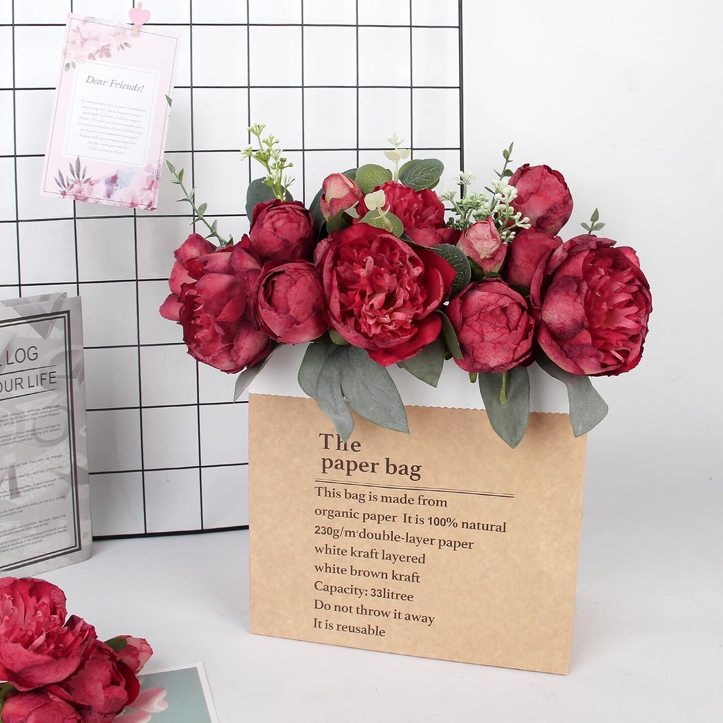 Artificial Flowers Bouquet Vintage Fake Peonies 21pcs Silk Flowers with Stems