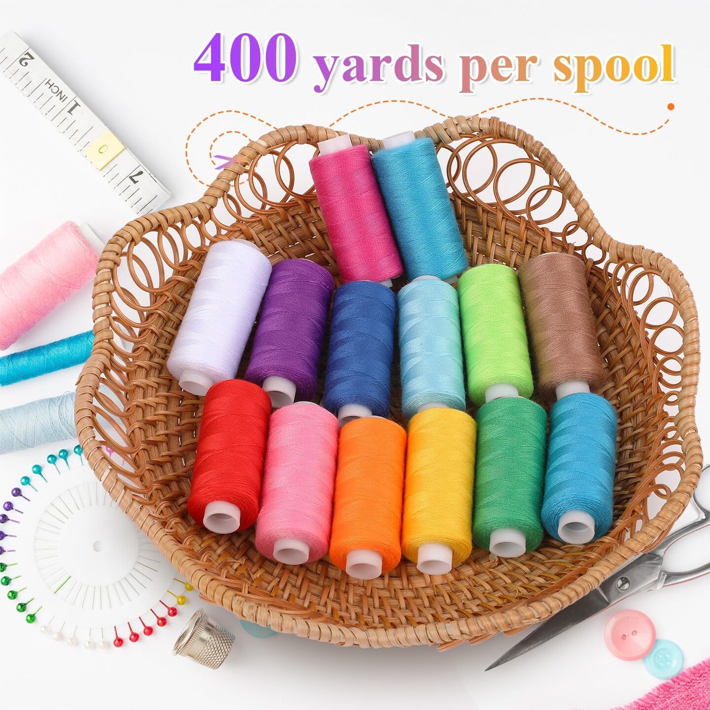 72-Piece Sewing Thread Kit – 36 Colors, 400 Yards per Spool, Polyester Prewound Bobbins with Needles & Threader for Hand and Machine Sewing, DIY & Home Crafts