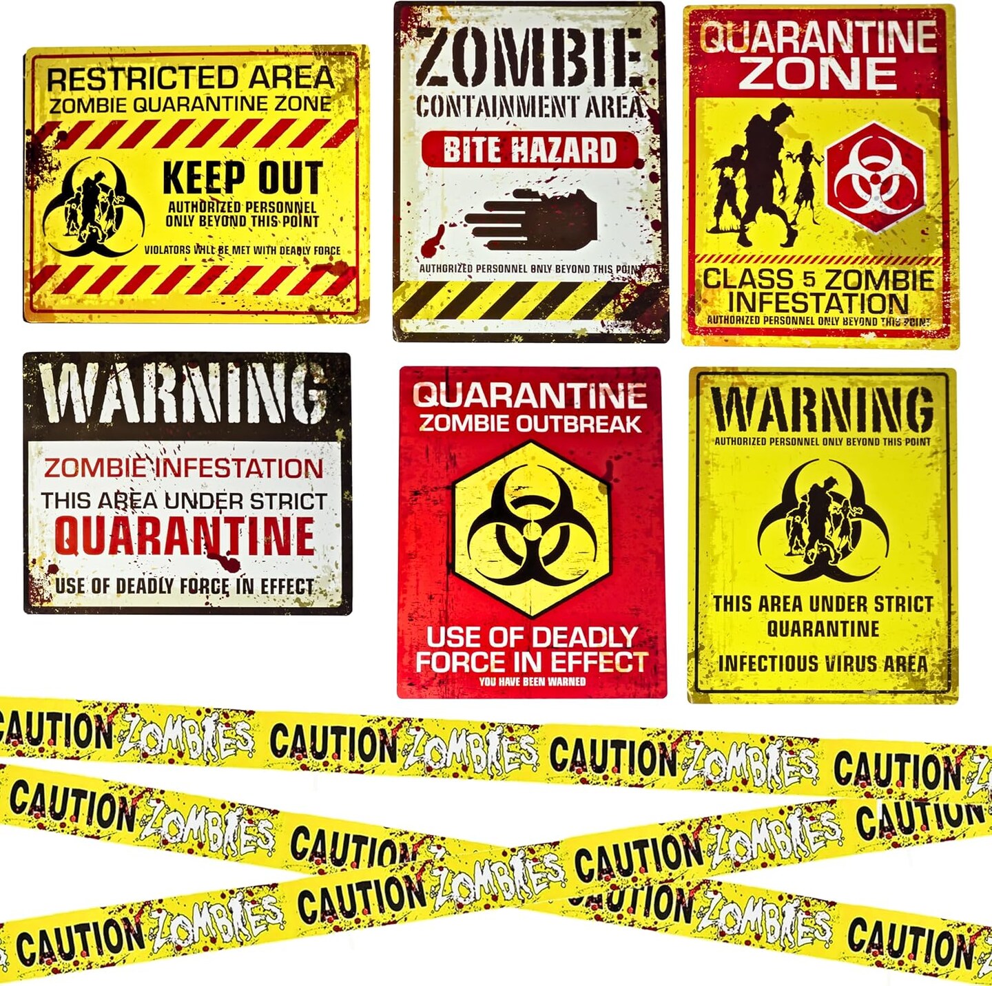 4E's Novelty Halloween Zombie Warning Signs with 20ft Caution Tape – 6 Pack 11x14 Creepy Posters for Indoor Outdoor Haunted House, Graveyard, Front Yard, Door, Wall, Garden, Balcony Party Decor