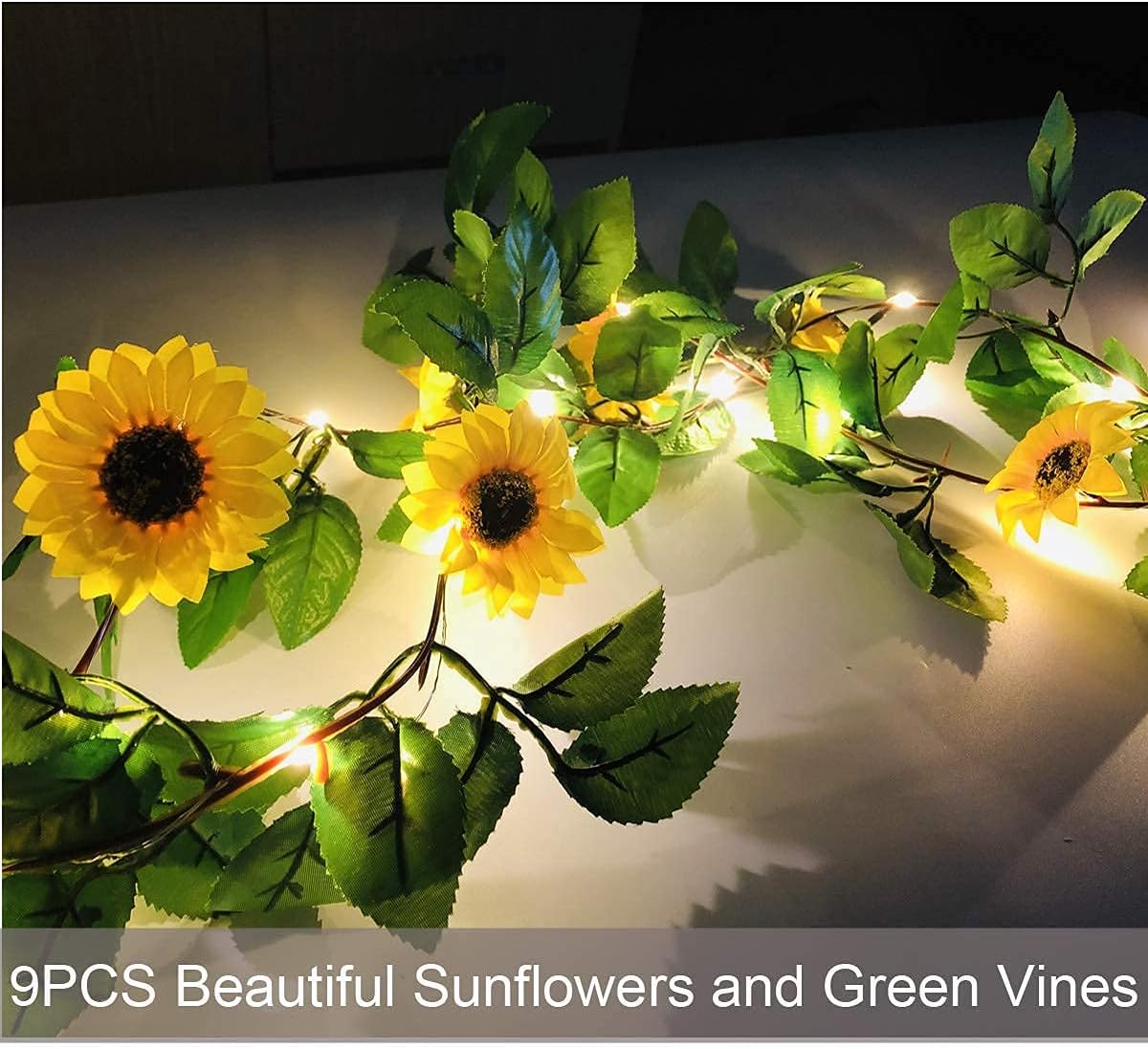 6.56ft Sunflower Garland String Lights – 20 LED Artificial Silk Sunflower Vine Fairy Lights with 9 Flower Heads for Indoor Bedroom, Garden, Party & Wedding Decor