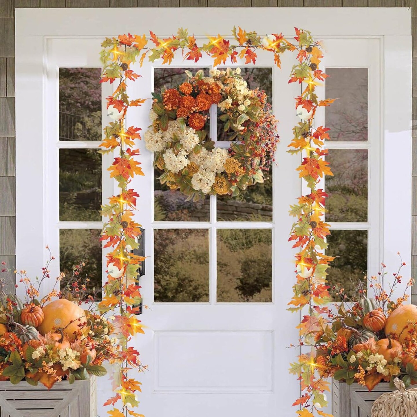 6FT Lighted Maple Leaves with Pine Cone and Pumpkin Fall Garland - 1 PACK