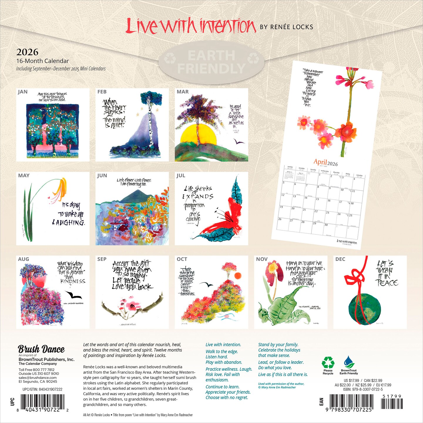 Live with Intention | 2026 12 x 24 Inch (Hanging) Monthly Square Wall Calendar | Featuring the Artwork of Renee Locks | Plastic-Free
