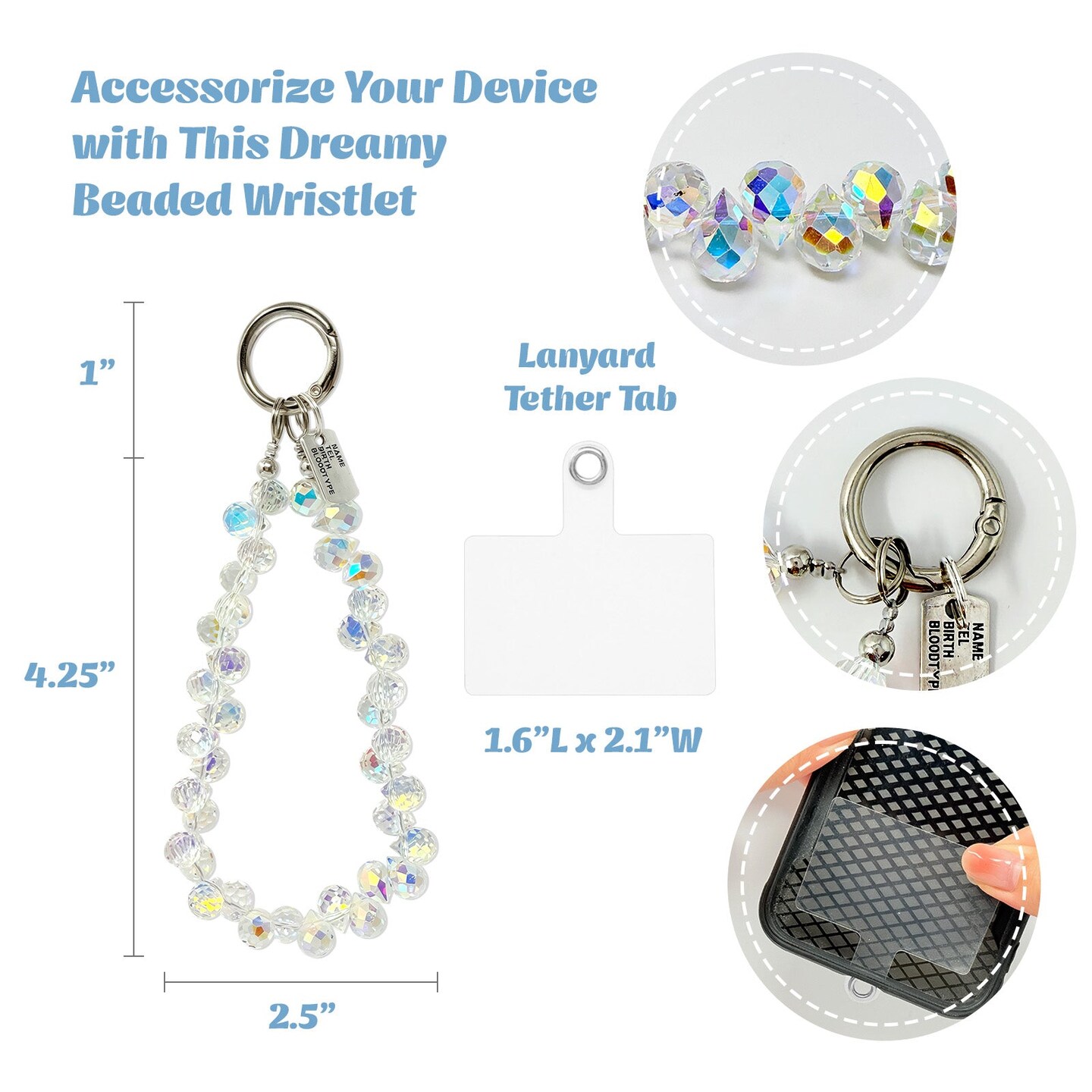 Wrapables Sparkling Beaded Cell Phone Wrist Strap, Keychain, Bag Charm with Lanyard Tether Tab, Clear Crystal