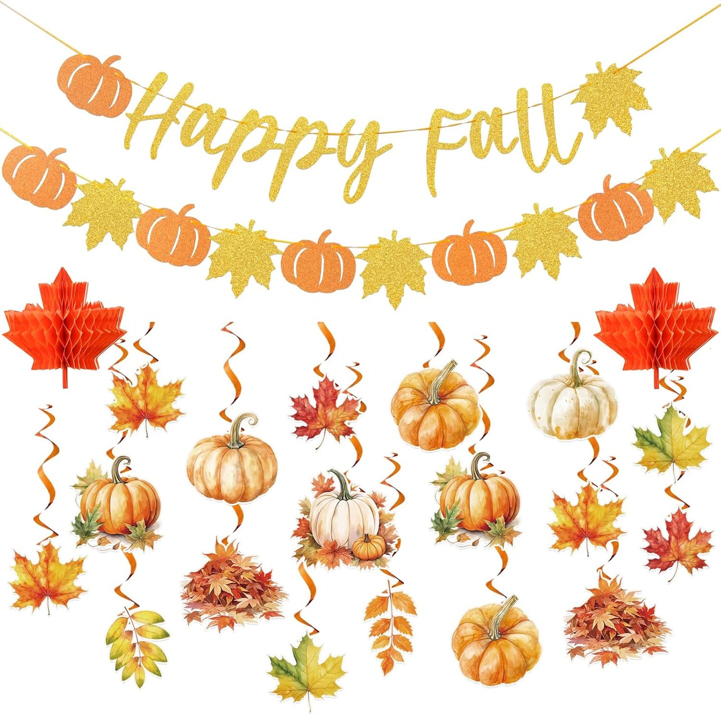 Happy Fall Party Decorations – Pumpkin Banners, Hanging Swirls & Autumn Décor (Orange)