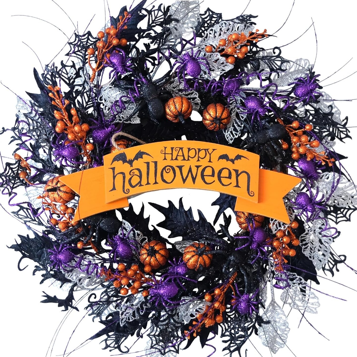 22 Inch Glitter Pumpkin Spider Wreath