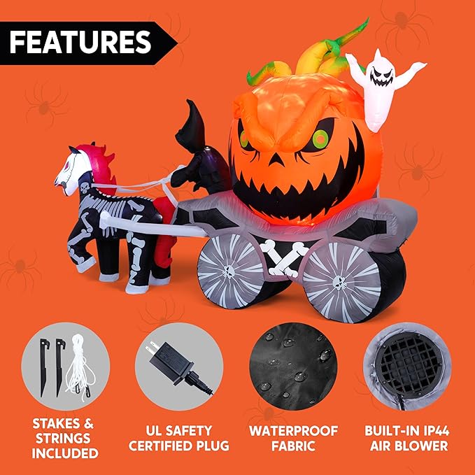 Halloween Inflatables Pumpkin Carriage Outdoor Decorations, Blow Up Pumpkin Carriage with Build-in LEDs