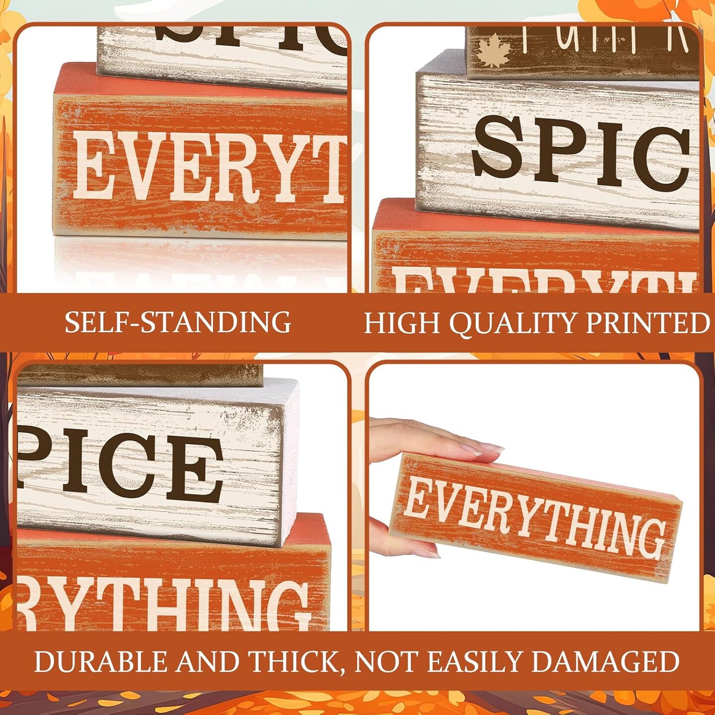 4PCS Wooden Fall Cup Tabletop Decor &#x2013; Rustic Autumn Tiered Tray &#x26; Thanksgiving Centerpiece, Farmhouse Block Signs for Harvest Party &#x26; Home Kitchen Decoration