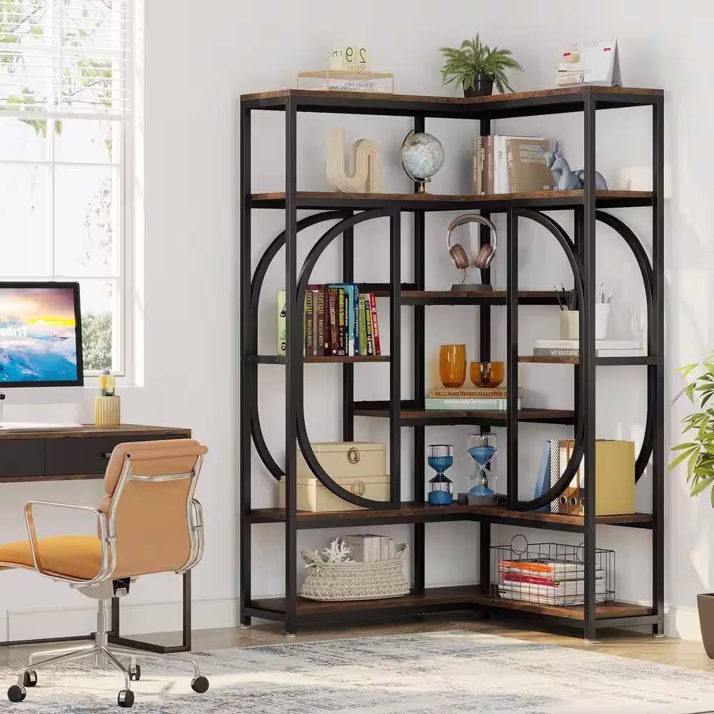 69" Tall L Shape Corner Bookshelf with 14 Open Shelves and Metal Frame for Living Room or Office Use