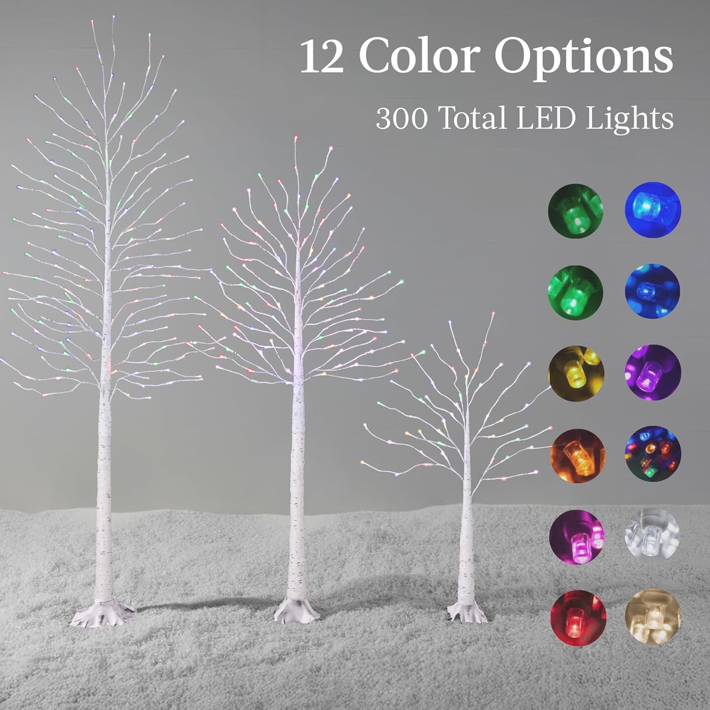 4ft, 6ft & 8ft Lighted Birch Tree Set, 3 Pack LED Trees with Remote, Color Options & Outdoor