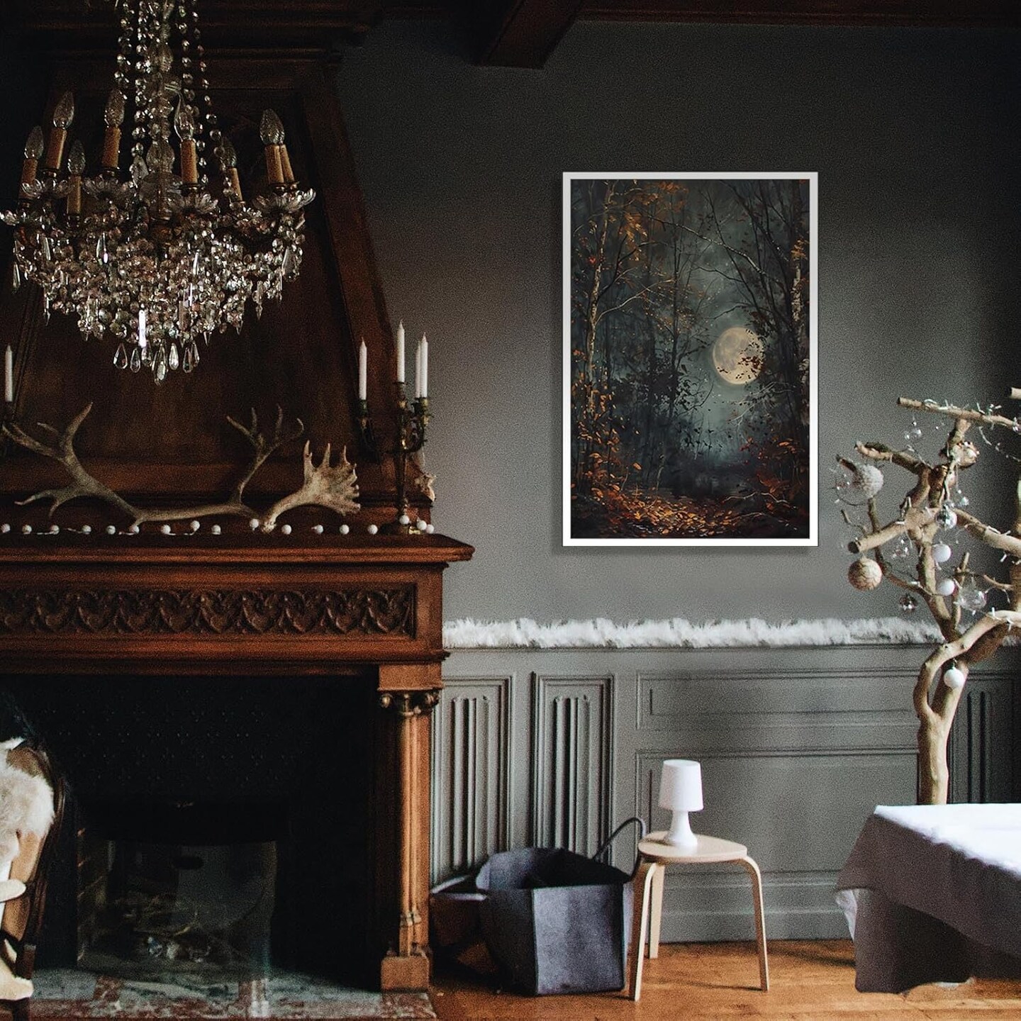 Horror Creepy Autumn Full Moon Dark Forest Canvas Wall Art – Cottagecore & Moody Fall Gothic Decor, Dark Academia Poster, 12x16 in Unframed