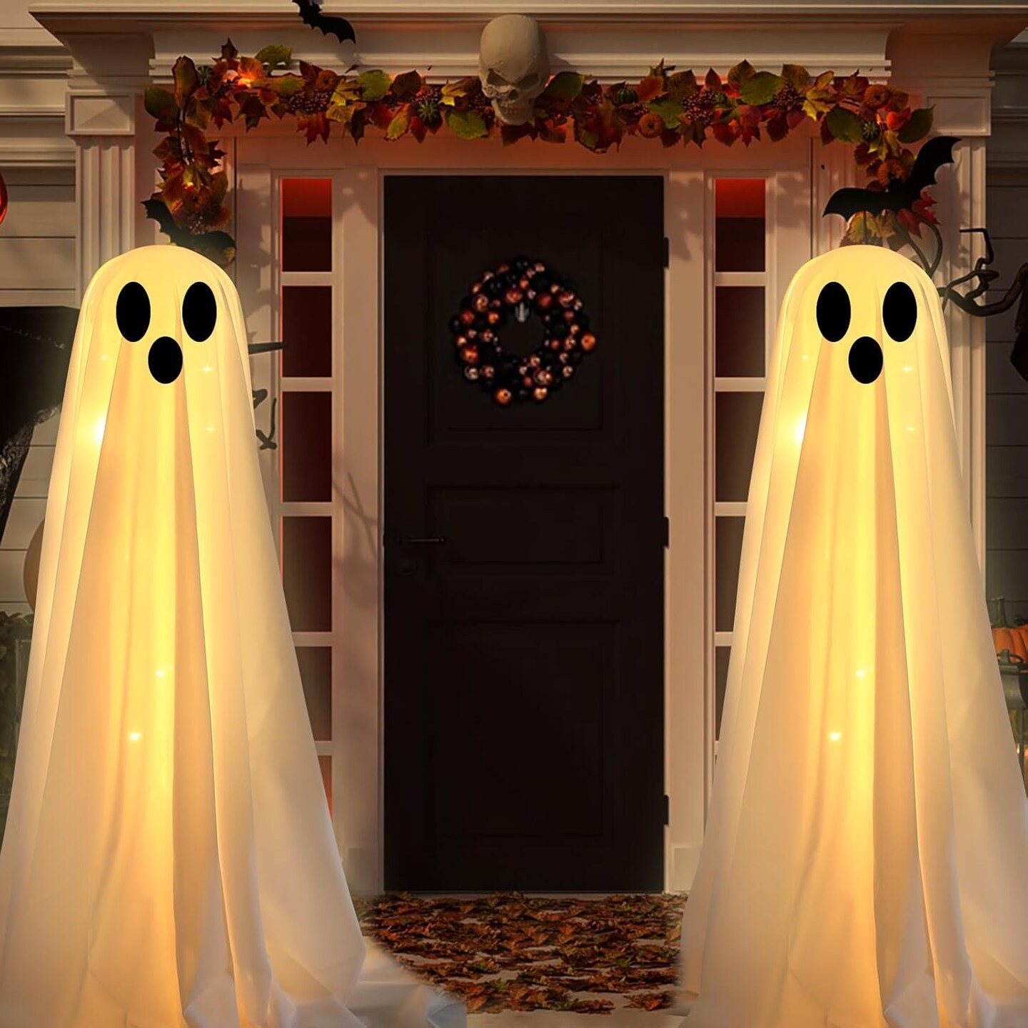 2PCS Large Lighted White Cloth Ghosts with 30 LED String Lights