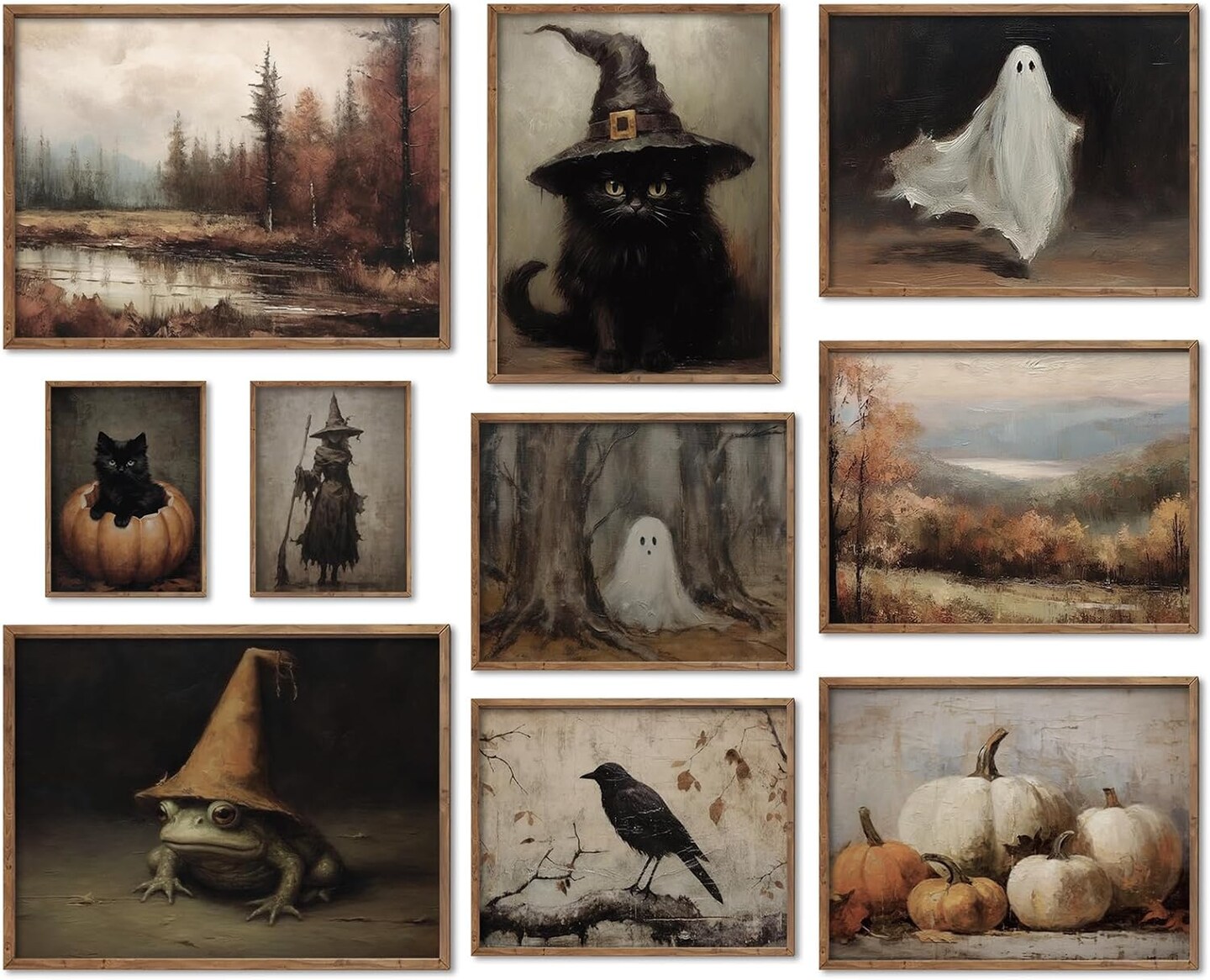 10Pcs Halloween Wall Art Prints – Vintage Gothic Witchy Dark Academia Ghost & Black Cat Posters, Unframed