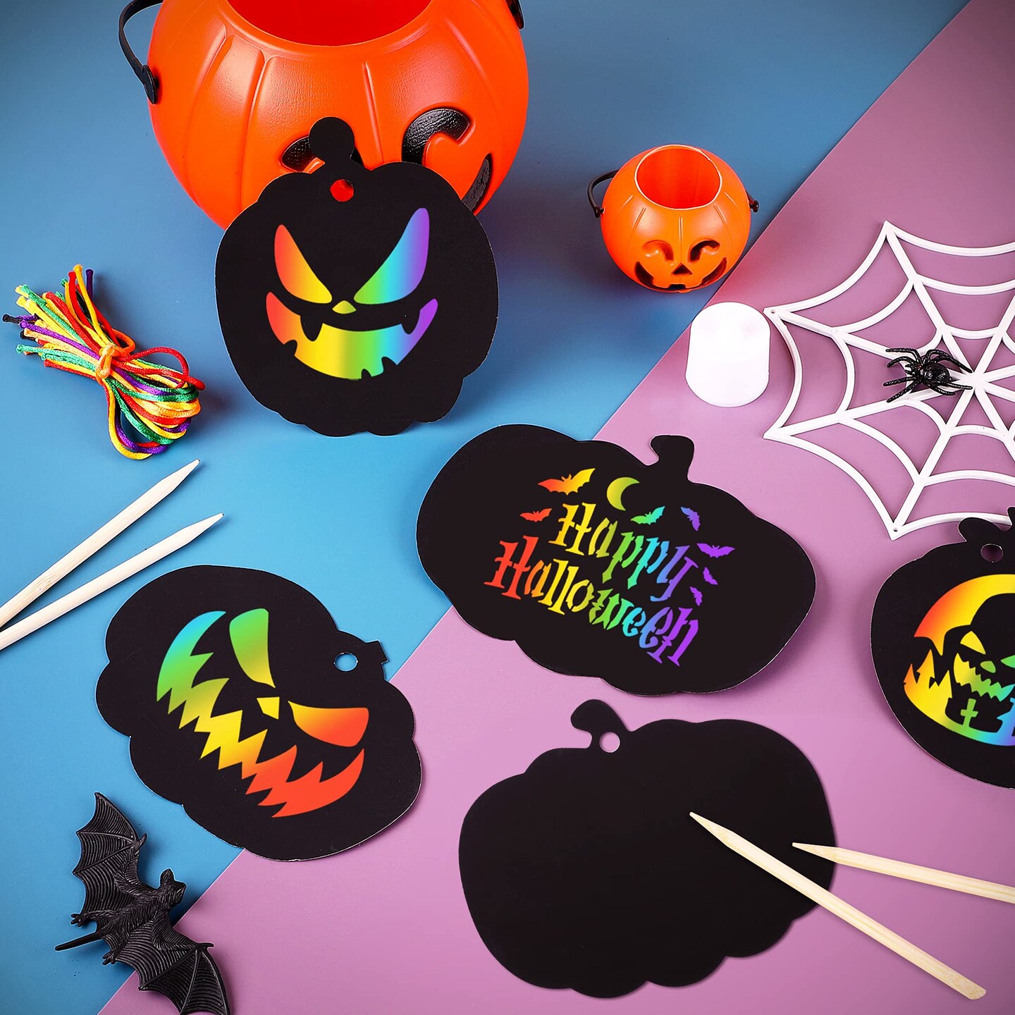 36 Pieces Halloween Scratch Paper Crafts Kit Bulk of Halloween Pumpkins Magic Rainbow Scratch Art for Kids DIY Party Ornaments Halloween Decor with 12 Wooden Sticks and 36 Colorful Ribbons