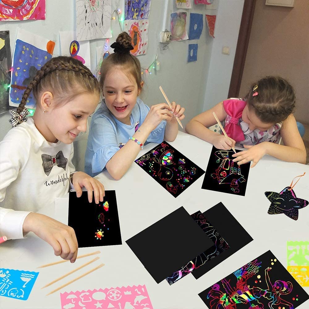 60 Pcs Rainbow Scratch Art Paper for Kids, Magic Scratch Paper Set Art and Craft Kit, Black Scratch Sheets for Party Game Activities Birthday Gifts Toys Girls Boys 3 4 5 6 7 8 9 10 Years Old