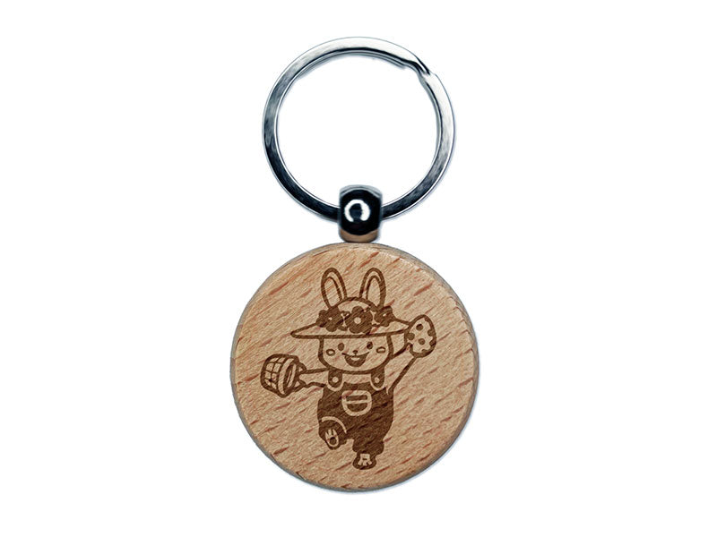 Cute Easter Bunny with Hat Egg and Overalls Engraved Wood Round Keychain Tag Charm