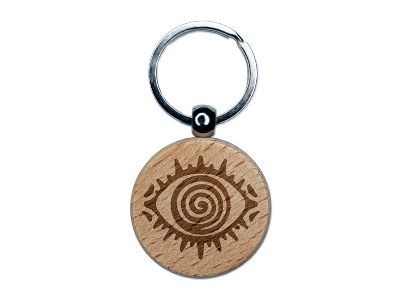 Hypnotic Eye Swirl Pattern Trance Illusion Perception Engraved Wood Round Keychain Tag Charm
