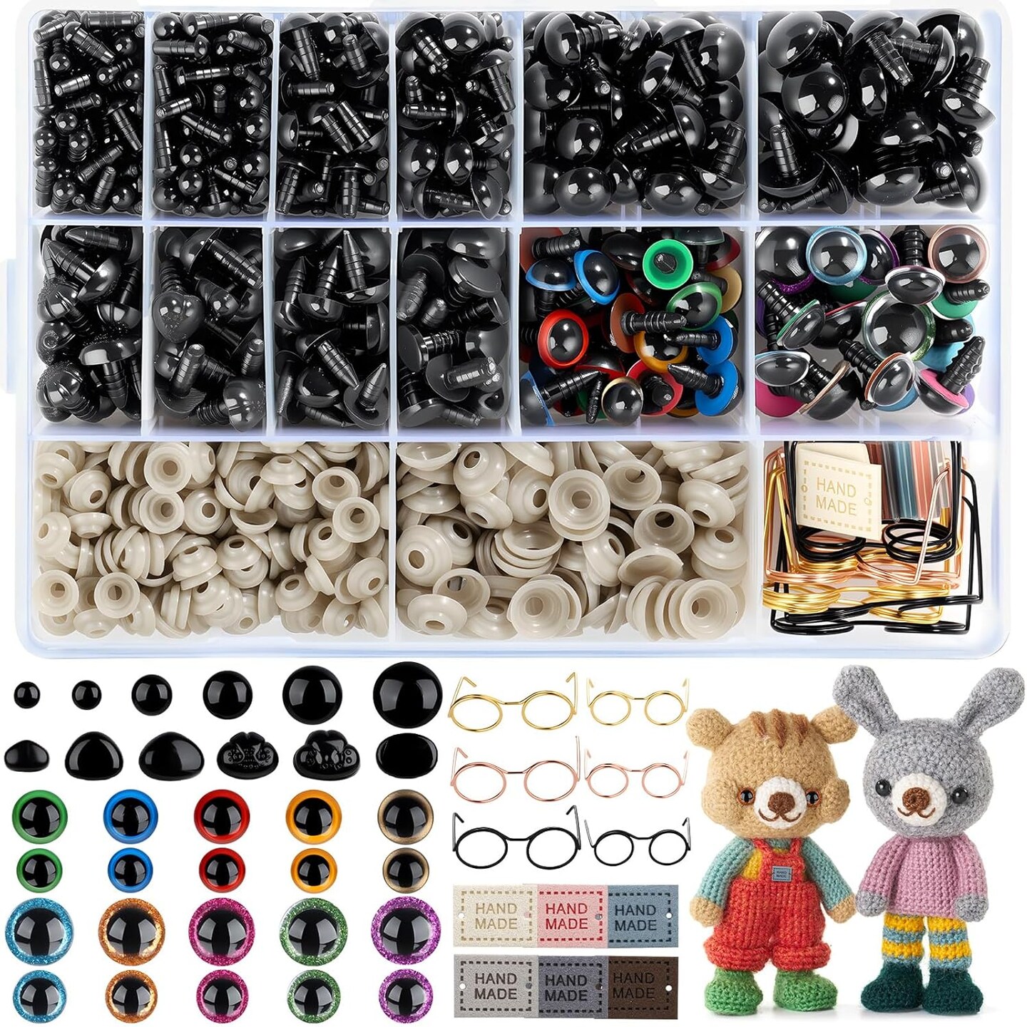 1150PCS Safety Eyes & Noses for Crocheting – 5mm-16mm Crochet Eyes, Glitter Doll Eyes with Washers, Doll Glasses, and Handmade Tags for Amigurumi, Stuffed Animals, Plush Toys DIY Crafts