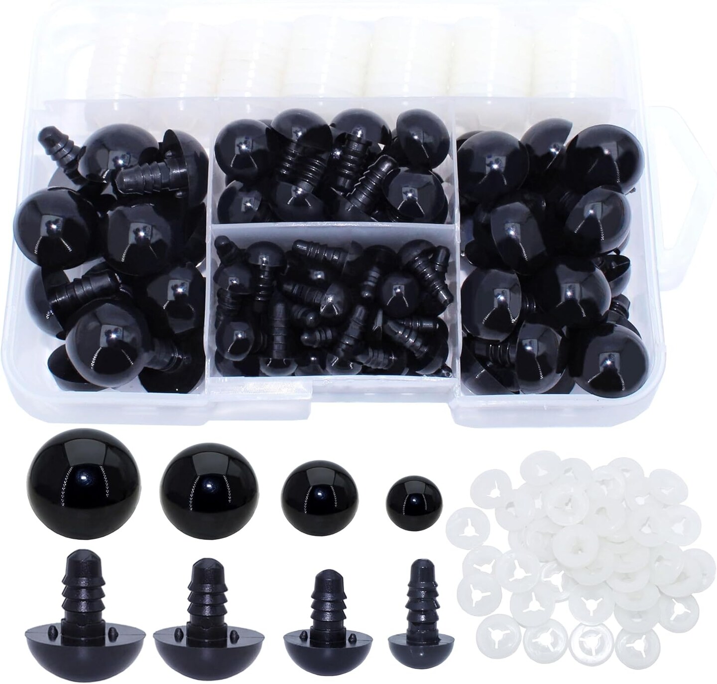 180Pcs Black Plastic Safety Eyes with Three-Fork Washers – 10/15/18/20mm for Amigurumi, Plush Dolls, and DIY Crafts