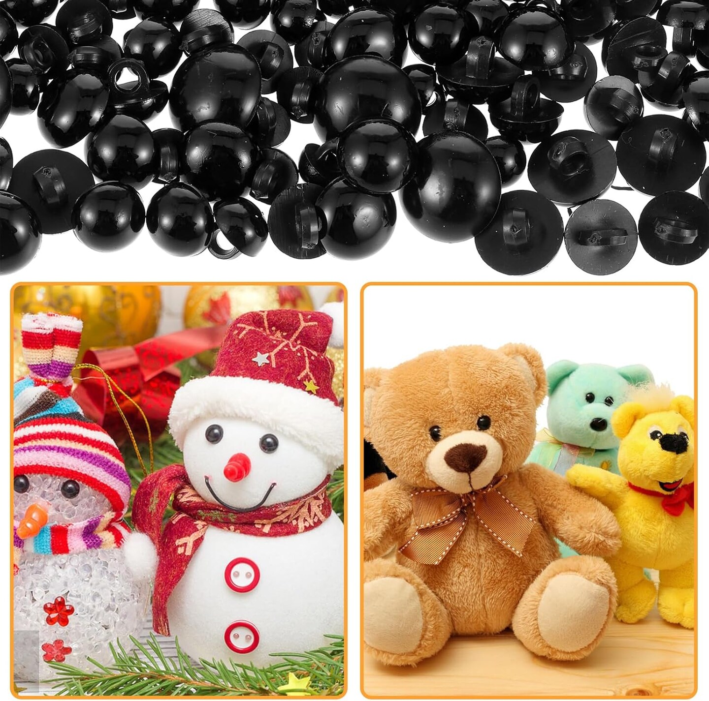 300PCS Sew-On Black Safety Eyes for Stuffed Animals, Domed Plastic Craft Eyes for DIY Amigurumi, Puppets, Dolls, Bears, and Plush Toys (7mm–15mm)