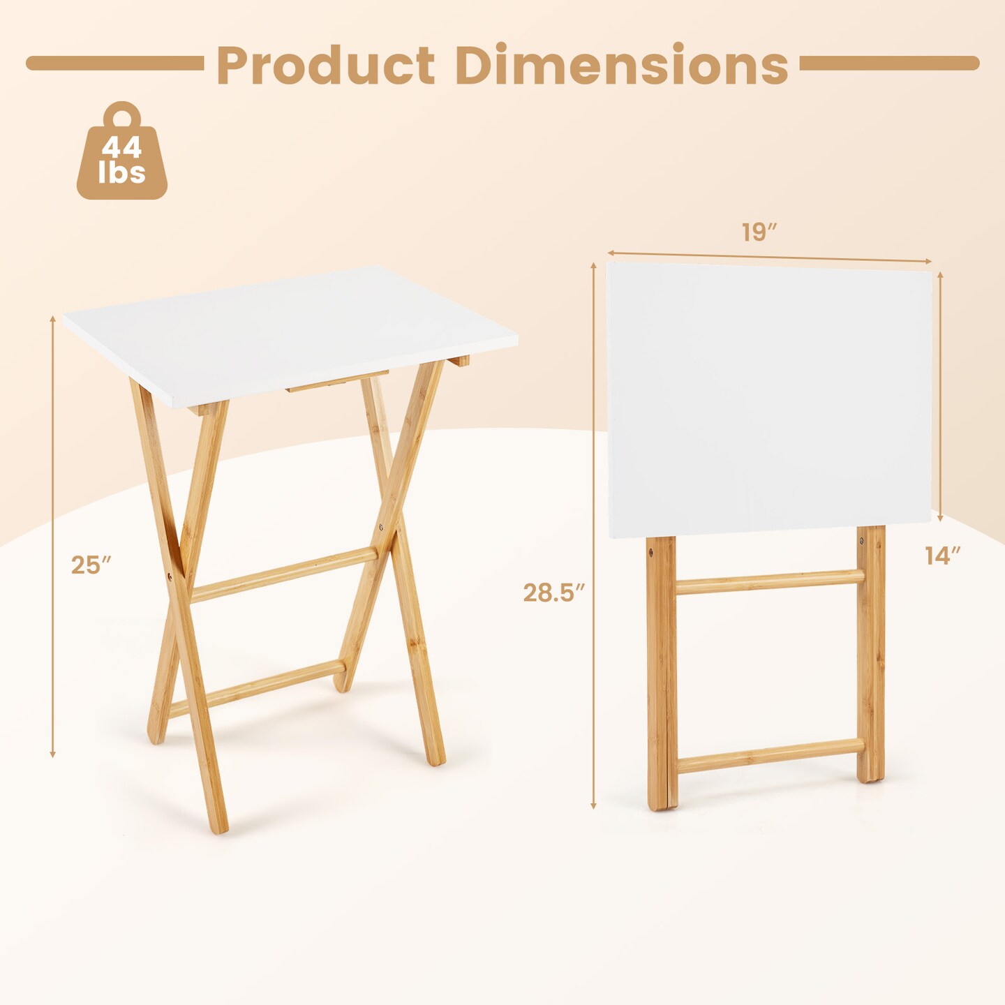 White Natural Wicker Folding Snack Table Set of 2 Portable Lightweight TV Tray
