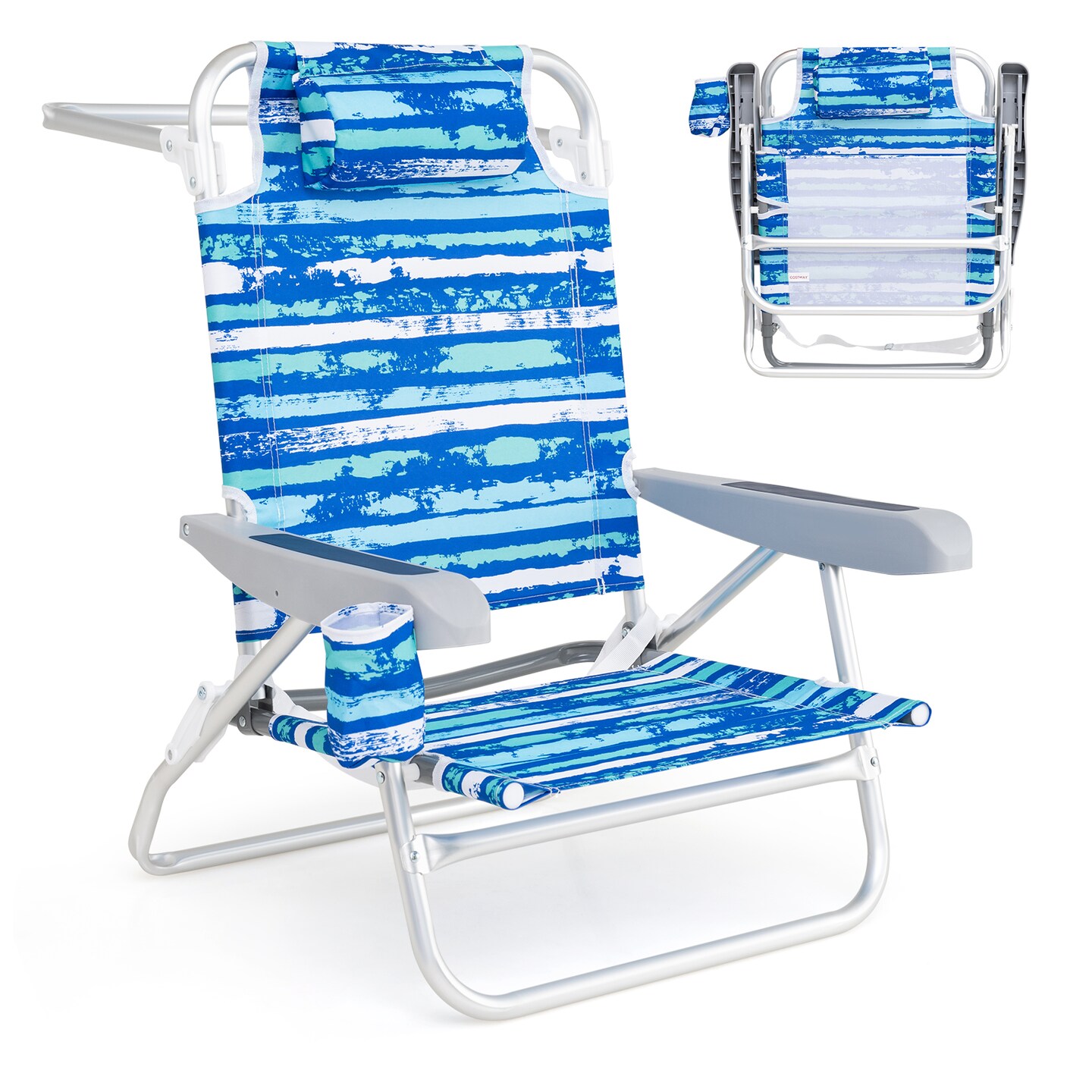 Set of 2 Blue Metal Aluminum Oxford Fabric Lay-Flat Beach Chair with Cup Holder