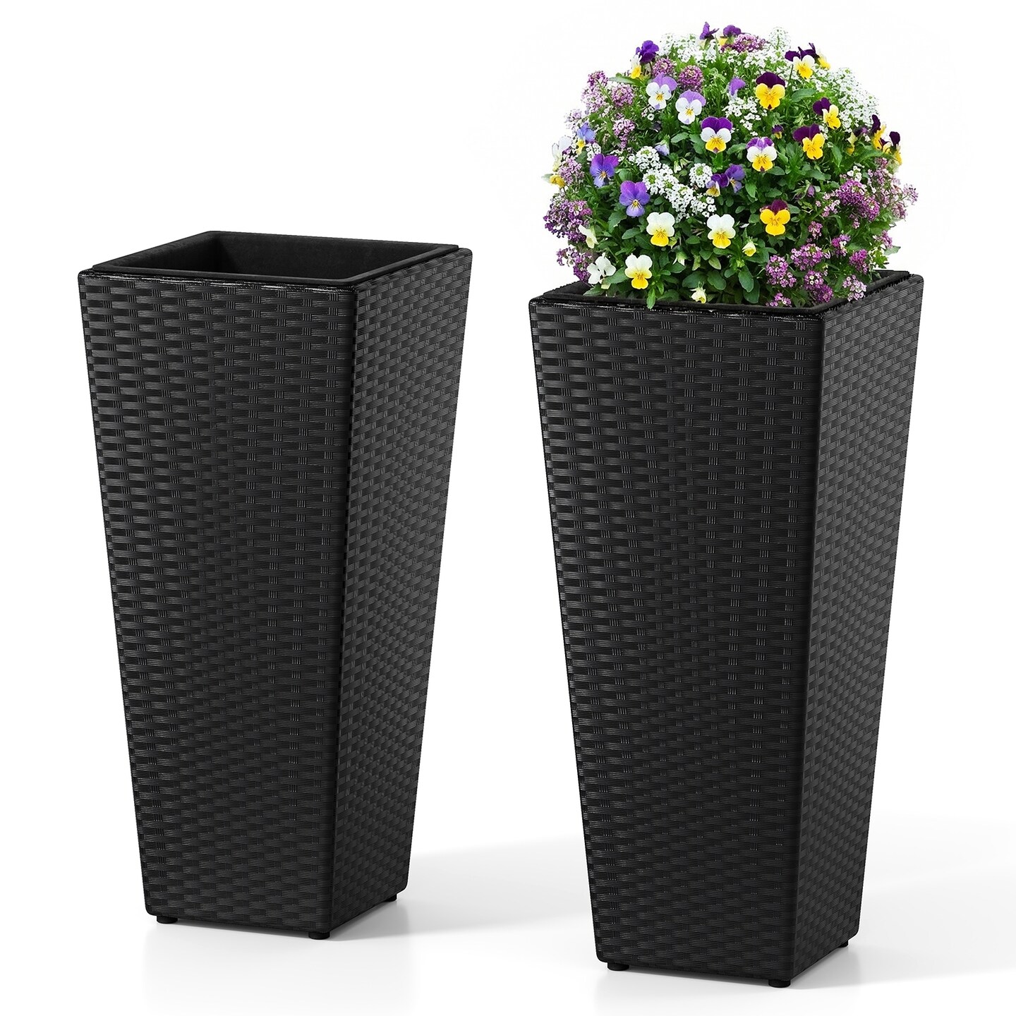 Black Woven Rattan Tall Flower Pots with Detachable Liners Set of 2