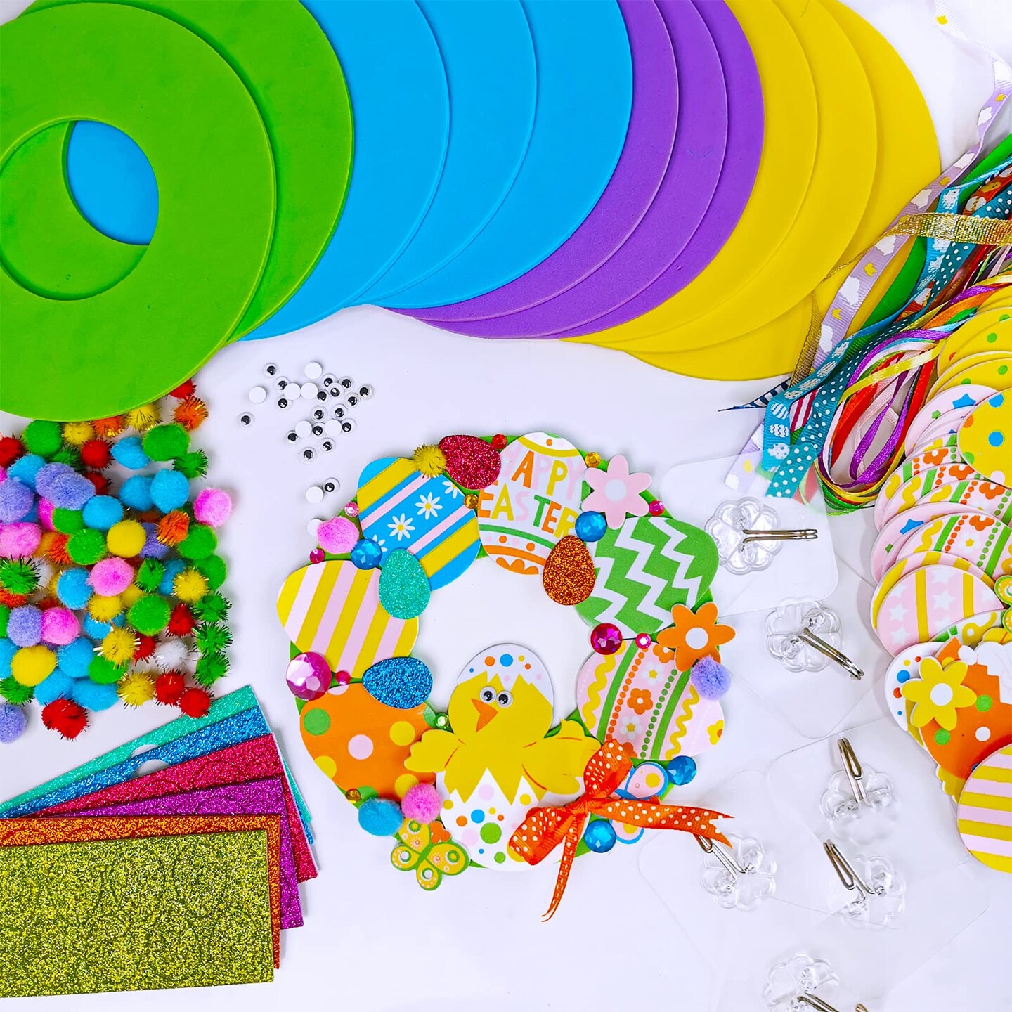 12 Sets Easter Wreath Signs Decorations DIY Foam Easter Craft Kits Easter Eggs Bunny Chick Foam Stickers Pom-Poms Googly Eyes for Kids Classroom Home Activity Art Project Gift Easter Front Door Décor