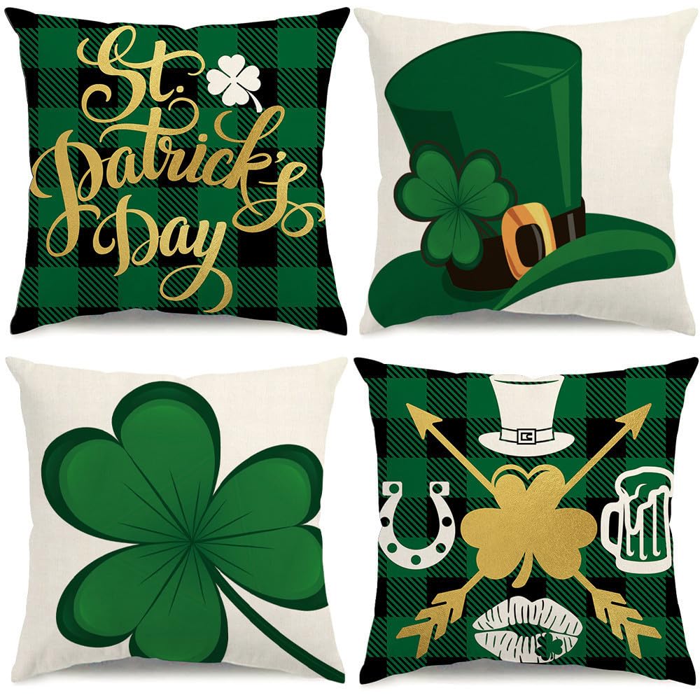 St Patricks Day Pillow Covers 18x18 Buffalo Plaid St Patricks Day Decorations Lucky Clover Hat Throw Pillow Covers Shamrock Cushion Case for Sofa Couch Set of 4