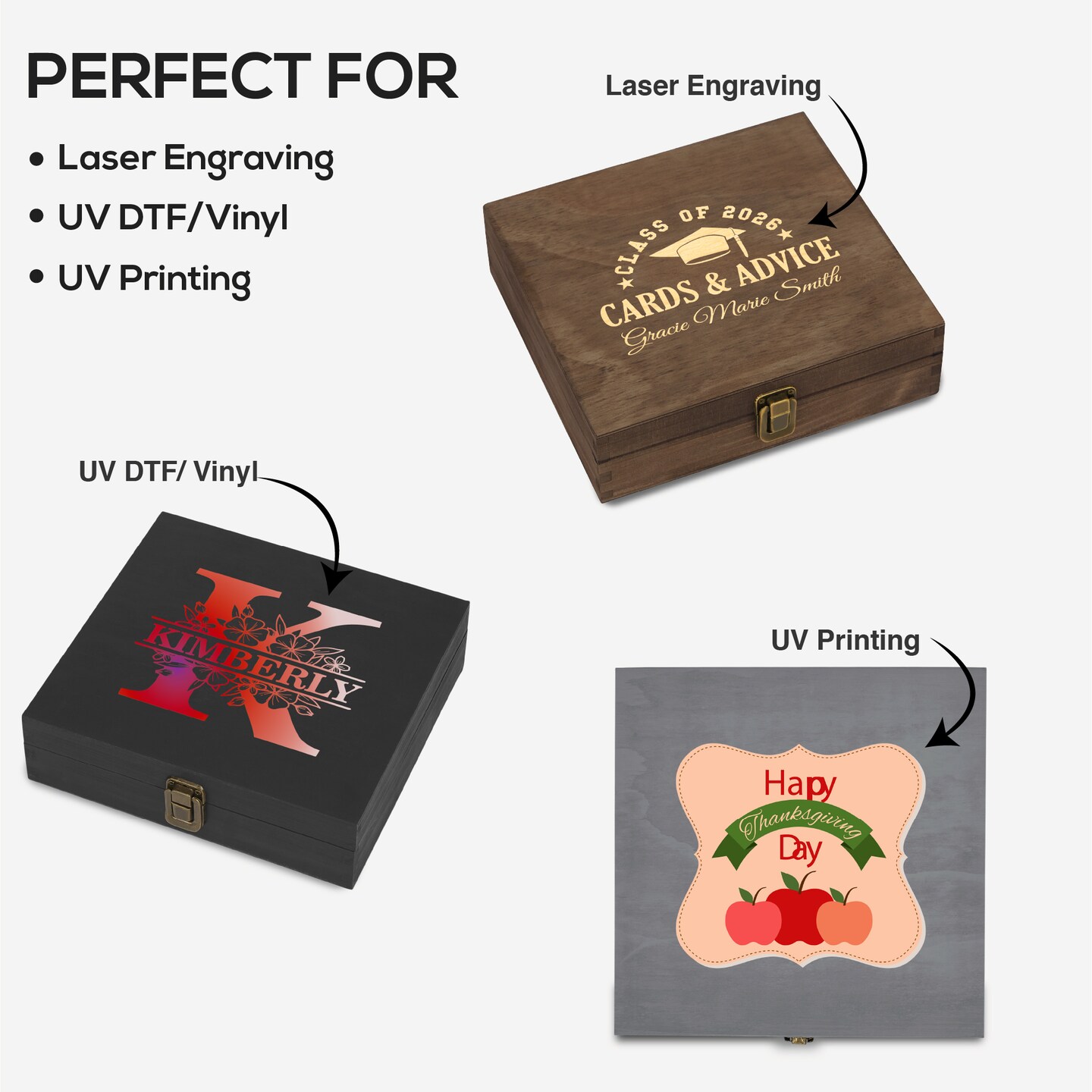 Makerflo Natural Pine Wood Cigar Box, Hinged Back & Front Clasp, Black Felt Lined, 8.5" x 8" x 2.4", Ideal for Craft - (Laser Engraving, Epoxy, UV DTF, and Vinyl)